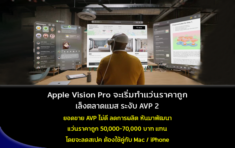 Apple Vision Pro จะเริ่มทำแว่นราคาถูก เล็งตลาดแมส ระงับ AVP 2 ยอดขาย AVP ไม่ดี ลดการผลิต หันมาพัฒนาแว่นราคาถูก 50,000-70,000 บาท แทน โดยลดสเปค ต้องใช้คู่กับ Mac/iPhone